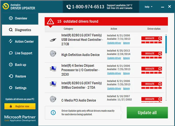 Auslogics Driver Updater v2.1 Full activado correctamente con serial en Windows 11 - Estado Full Version visible en la interfaz con todos los drivers actualizados