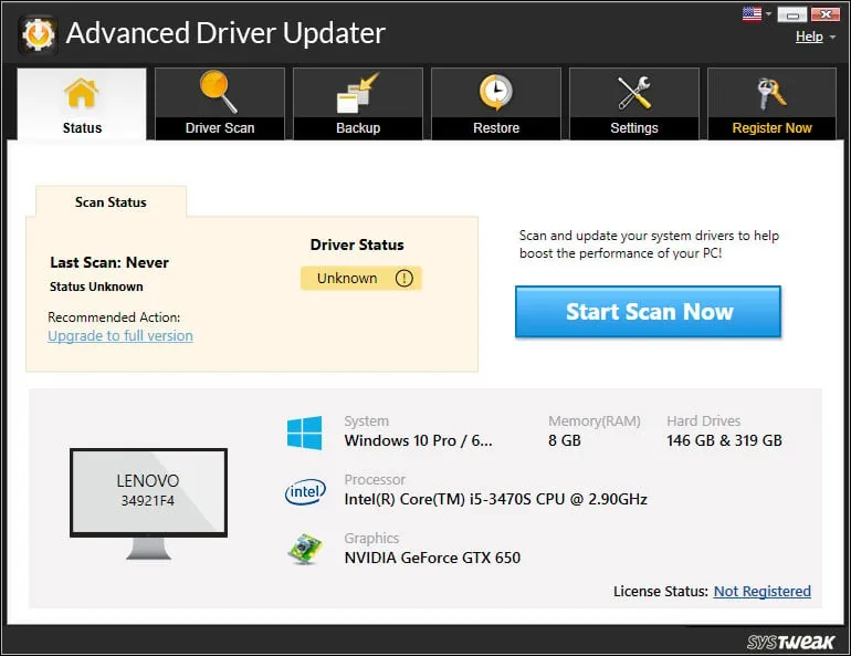 Advanced Driver Updater - Pantalla principal SysTweak Advanced Driver Updater v4.5.1086 Full en Español - Pantalla principal mostrando la lista automática de drivers obsoletos detectados con versión instalada y versión disponible