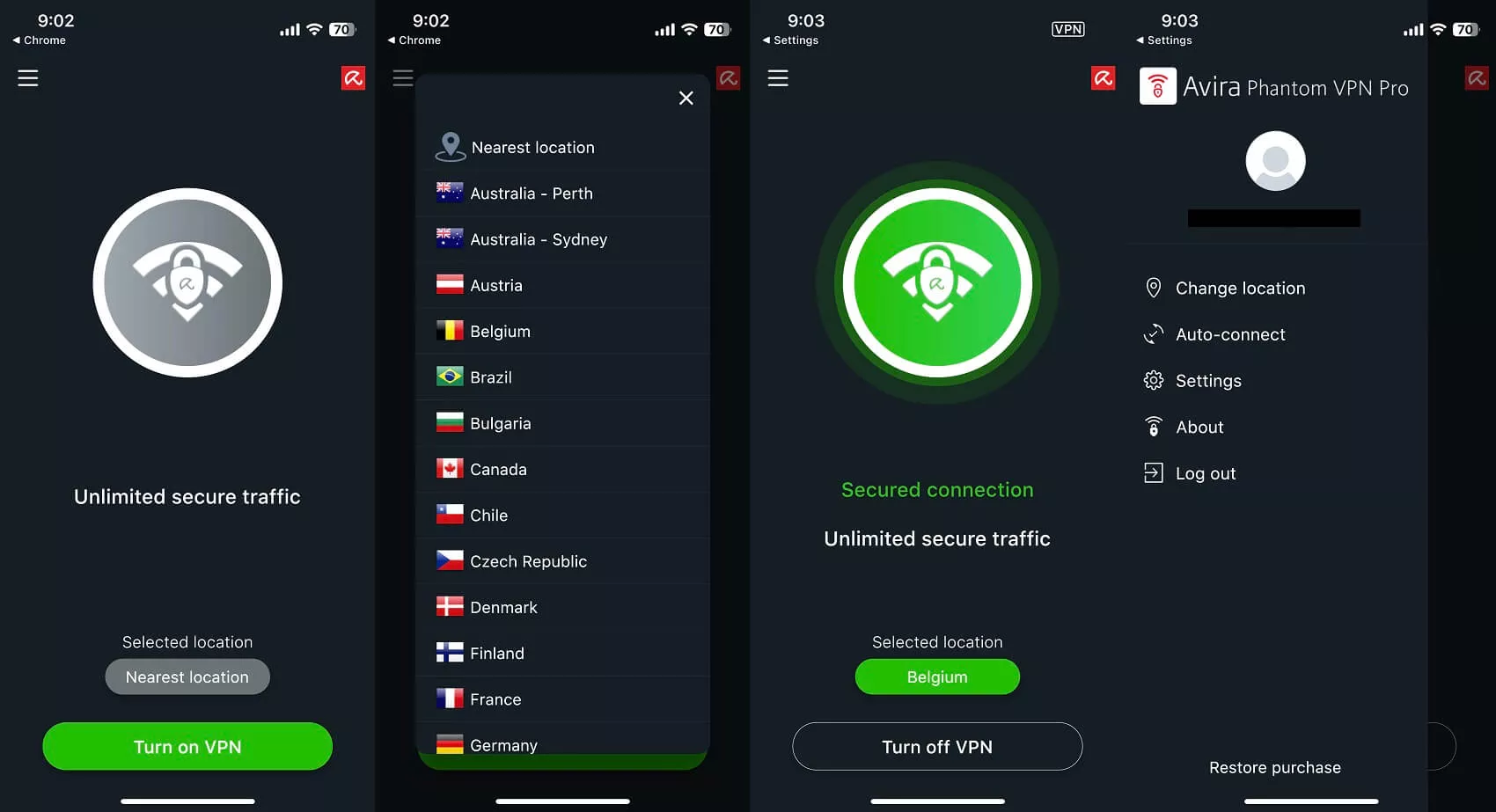 Avira Phantom VPN Pro - Conexión activa Avira Phantom VPN Pro Full en Español - VPN activa mostrando el servidor conectado en Estados Unidos con la nueva dirección IP asignada y el estado de cifrado AES-256