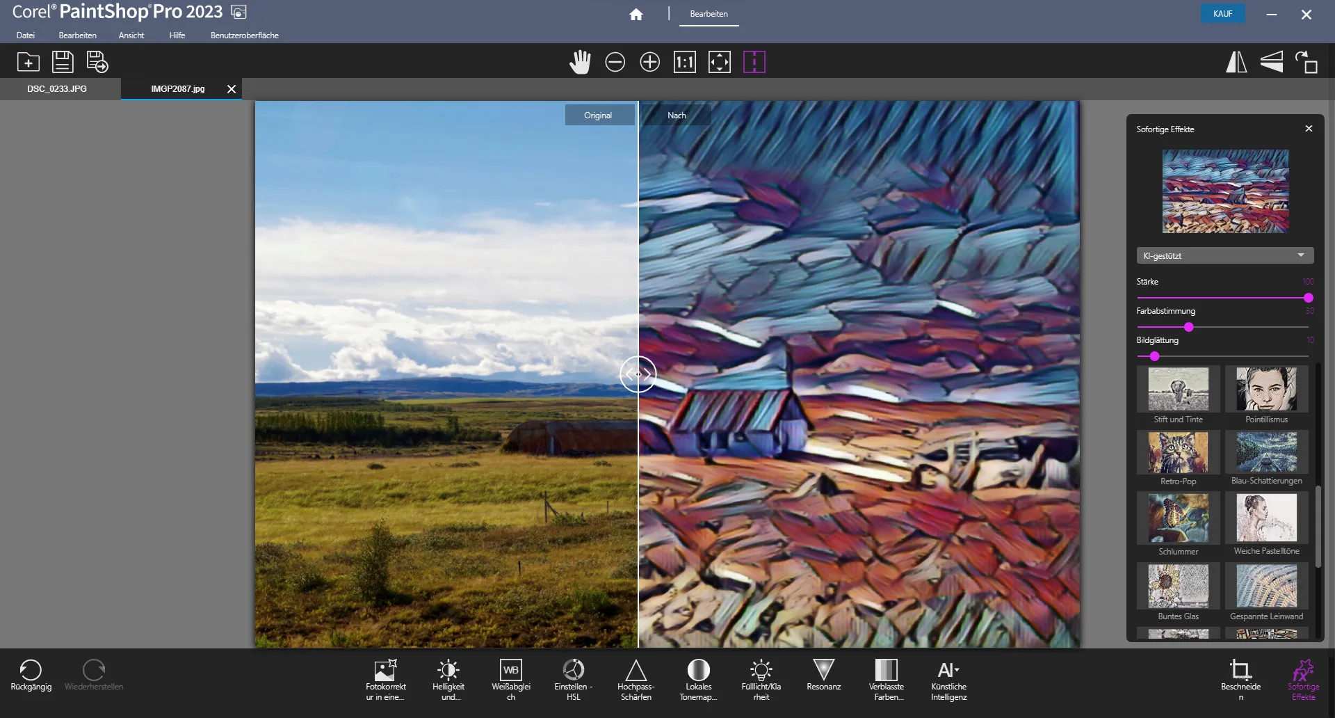 Corel PaintShop Pro 2026 Ultimate Full en Español - Herramienta de relleno con IA eliminando un objeto de la fotografía y rellenando el fondo automáticamente