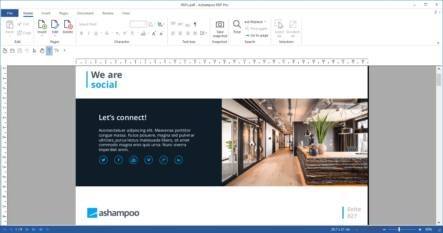 Ashampoo PDF Pro - Panel de OCR en progreso convirtiendo un PDF escaneado en texto editable y buscable con opciones de idioma de reconocimiento