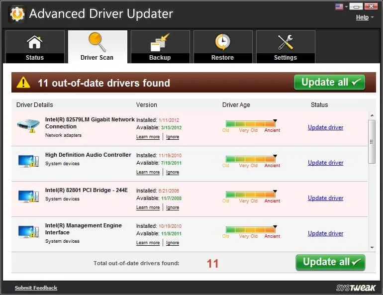 Advanced Driver Updater - Copia de seguridad Advanced Driver Updater - Panel de copia de seguridad mostrando los drivers respaldados con fecha y opción de restauración en un clic