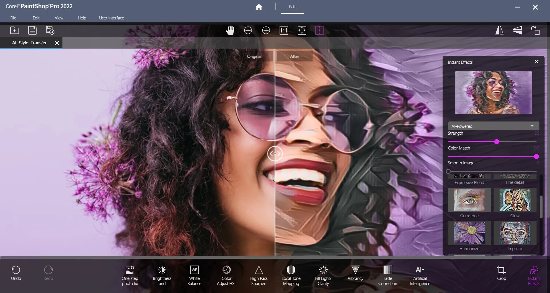 Corel PaintShop Pro 2026 Ultimate Full en Español - Herramienta de upscaling con IA mostrando la ampliación de una imagen con preservación de detalles y nitidez