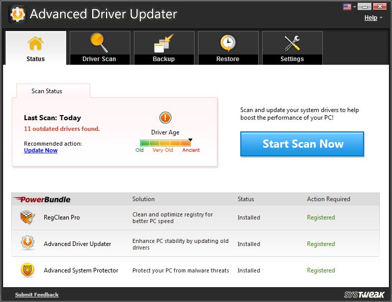 TweakBit Driver Updater - Panel de copia de seguridad mostrando el listado de drivers respaldados con fecha y botón de restauración disponible
