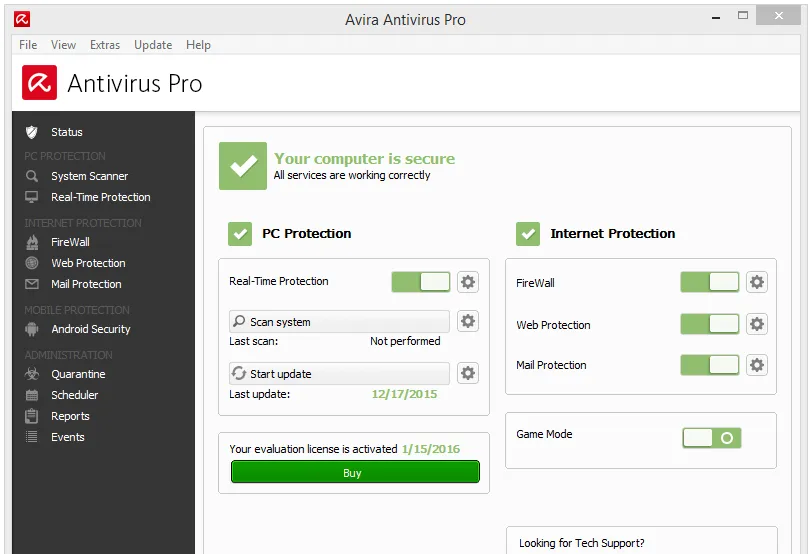 Avira Antivirus Pro Full en Español - Configuración del modo jugador mostrando la detección automática de aplicaciones en pantalla completa