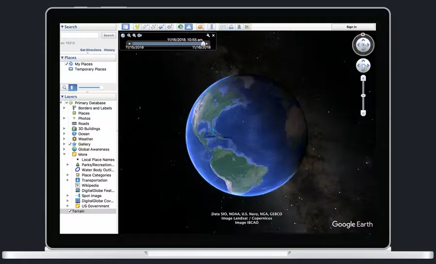 Google Earth Pro - Capas de información Google Earth Pro Full en Español - Panel de capas de información activadas mostrando fronteras, carreteras, escuelas y hospitales superpuestos sobre el mapa satelital