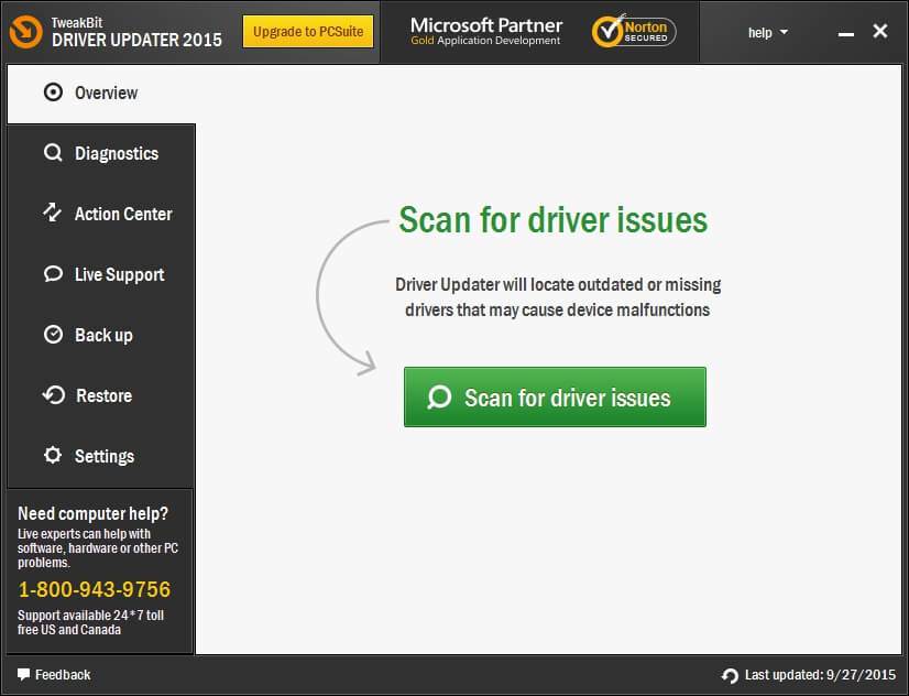 TweakBit Driver Updater - Escaneo completado mostrando pantalla de sistema completamente actualizado con todos los drivers en su última versión oficial