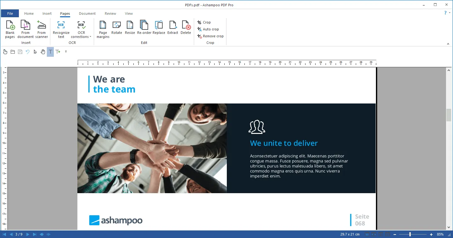 Ashampoo PDF Pro - Configuración de protección de PDF con contraseña de apertura, contraseña de permisos y selección de cifrado AES 256 bits