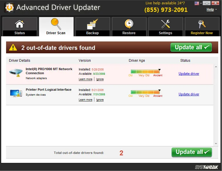 Advanced Driver Updater - Activación correcta SysTweak Advanced Driver Updater v4.5.1086 Full activado correctamente con serial en Windows 11 - Estado registrado sin indicación Trial visible
