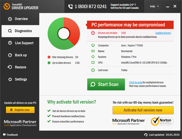 TweakBit Driver Updater Full activado correctamente con serial en Windows 11 - Estado Licenciado visible sin indicación Trial